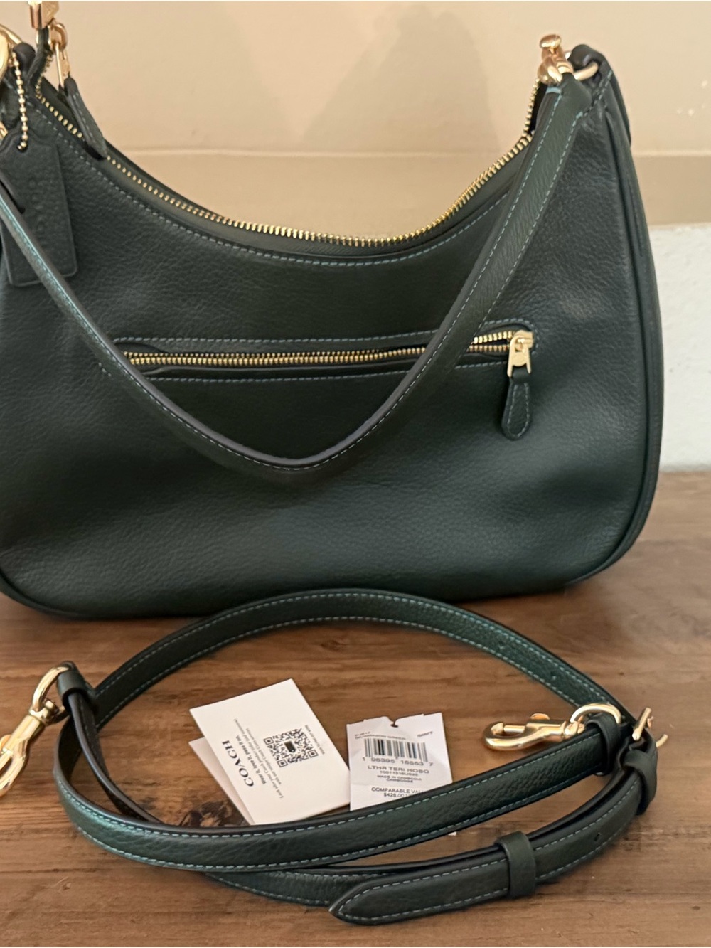 Coach Teri Hobo Green Gold Leather Shoulder Bag purse convertible NEW - Picture 9 of 15